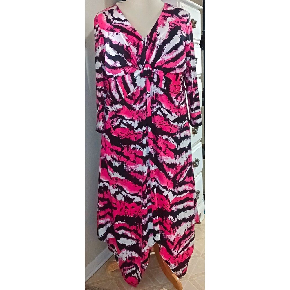avenue Womens Plus 26/28 Maxi Dress Animal Print Pink Black White V-Neck Twist